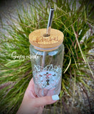 Tropical Floral Glass Tumbler with Personalized Bamboo Lid and Straw