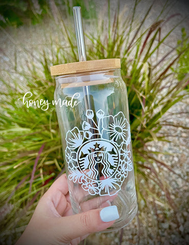 Floral Glass Tumbler with Personalized Bamboo Lid and Straw