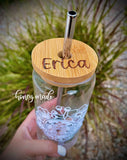 Floral Glass Tumbler with Personalized Bamboo Lid and Straw