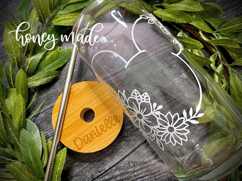 Floral Mouse Glass Tumbler with Personalized Bamboo Lid and Straw